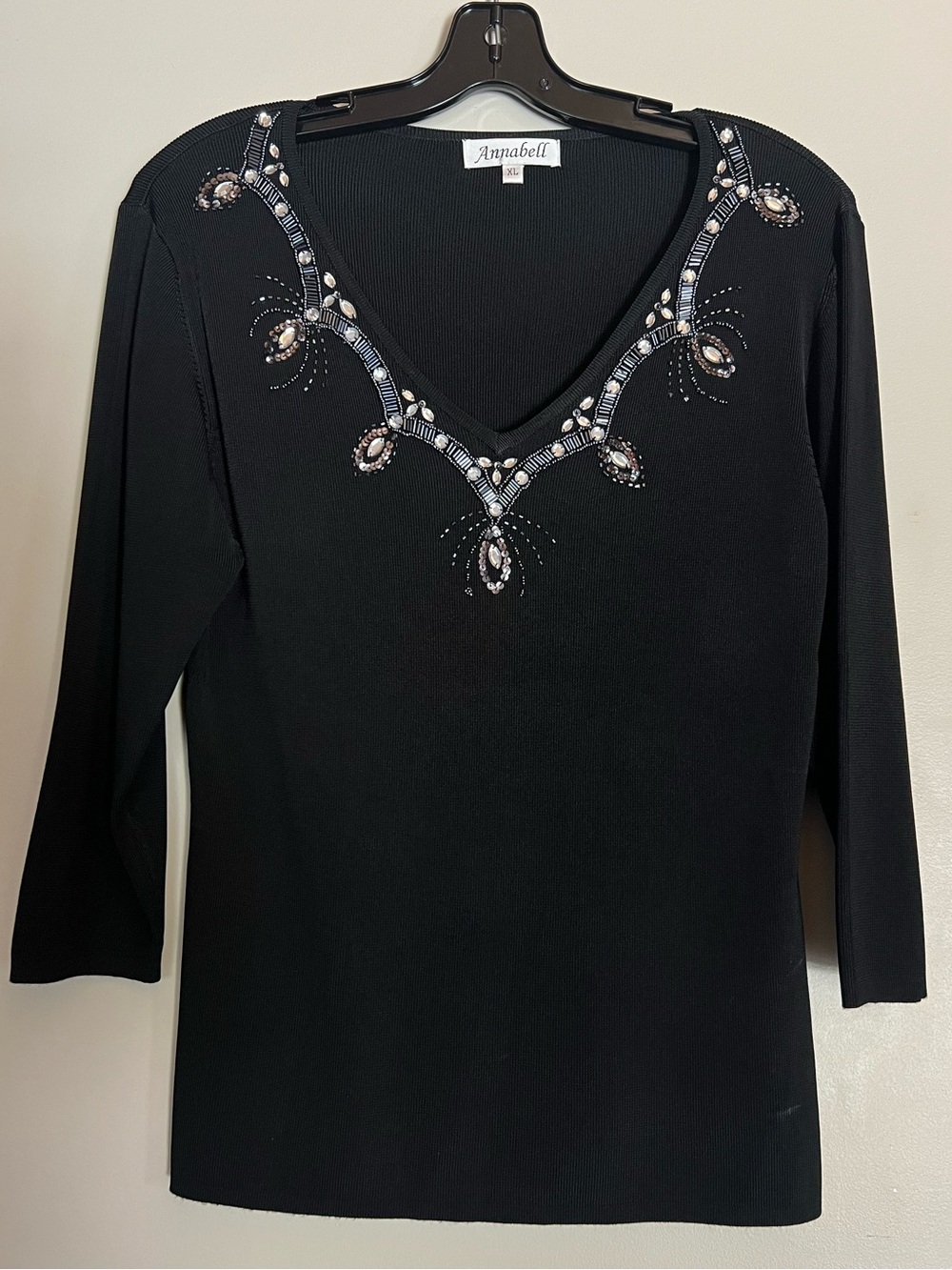 Annabell Black Silver Beaded Embellished V Neck Knit Three Quarter Sleeve XL